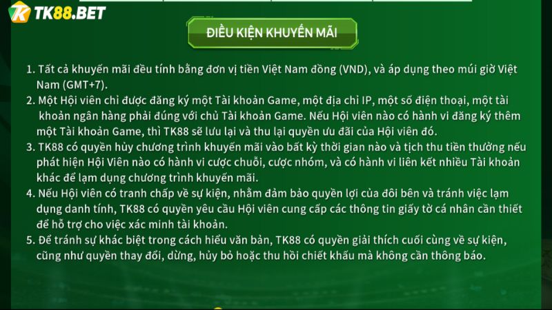 Điều kiện khuyến mãi TK88 người chơi cần nắm